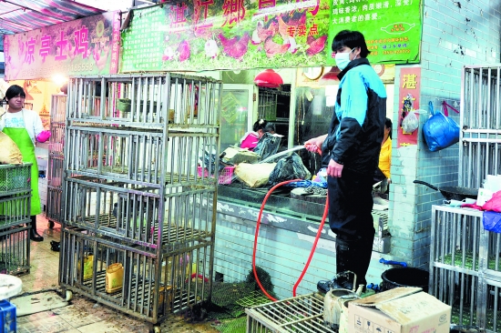 銷售家禽的工作人員對(duì)場(chǎng)內(nèi)商鋪及相關(guān)設(shè)施進(jìn)行全面清