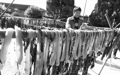 在黎陽村綠農(nóng)芥菜廠內(nèi)，工人們正在晾曬芥菜。